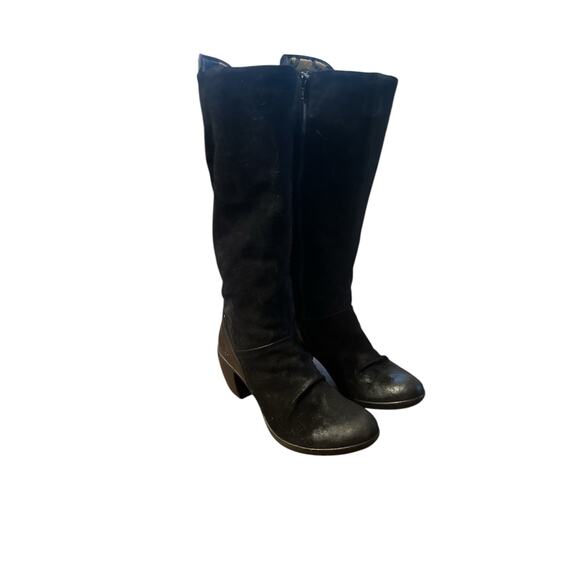 Fly London Shoes - Women 40 Fly London Black Leather Knee-High Heeled Boots Brushed Suede